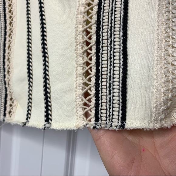 Moon River Ivory With Black Stripes Fringe, Boho Embroidery Top Slight Crop - Picture 6 of 11